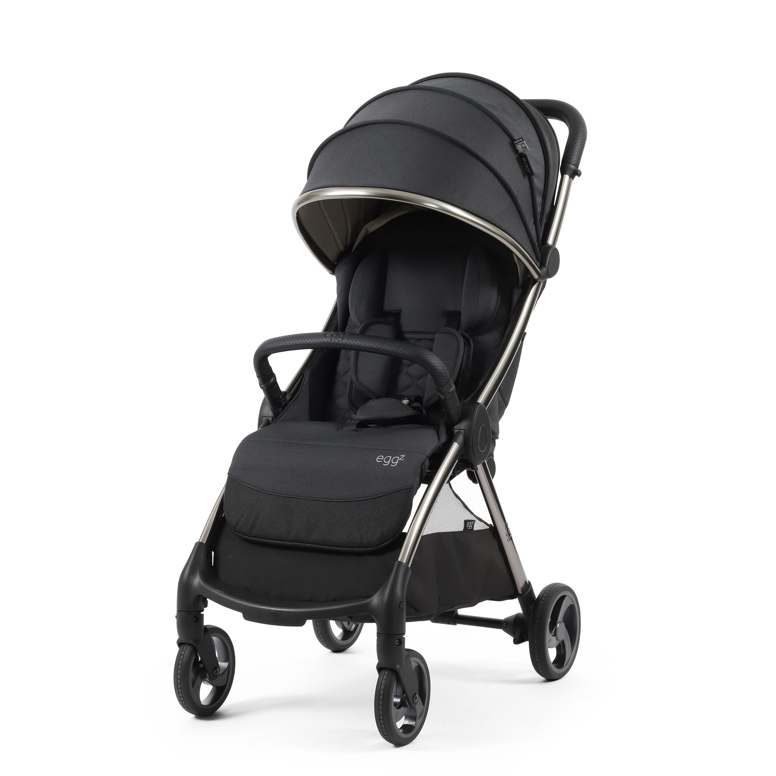 eggZ compact stroller in Carbonite colourway shown from the front, highlighting its luxury finish and compact chassis